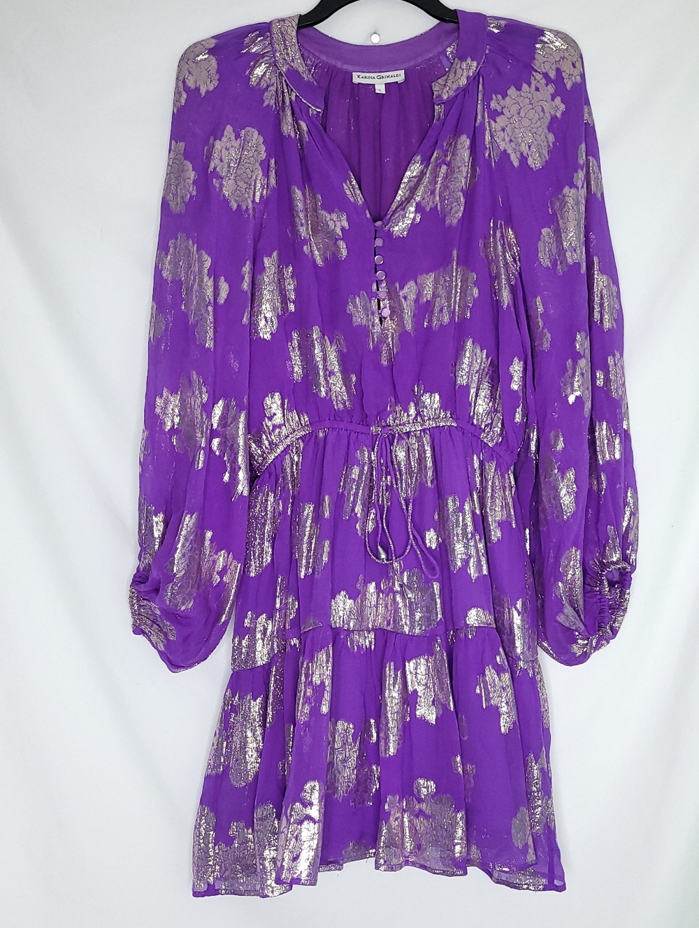 KARINA GRIMALDI Silk Blend Purple & Gold Mini Dress LARGE